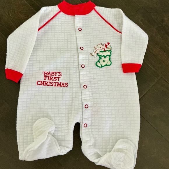 Vintage Baby's First Christmas White and Red Footie - Picture 1 of 2